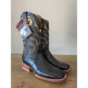 El General Western Boots Mens Size 7.5 Black Genuine Leather Exotic Square Toe